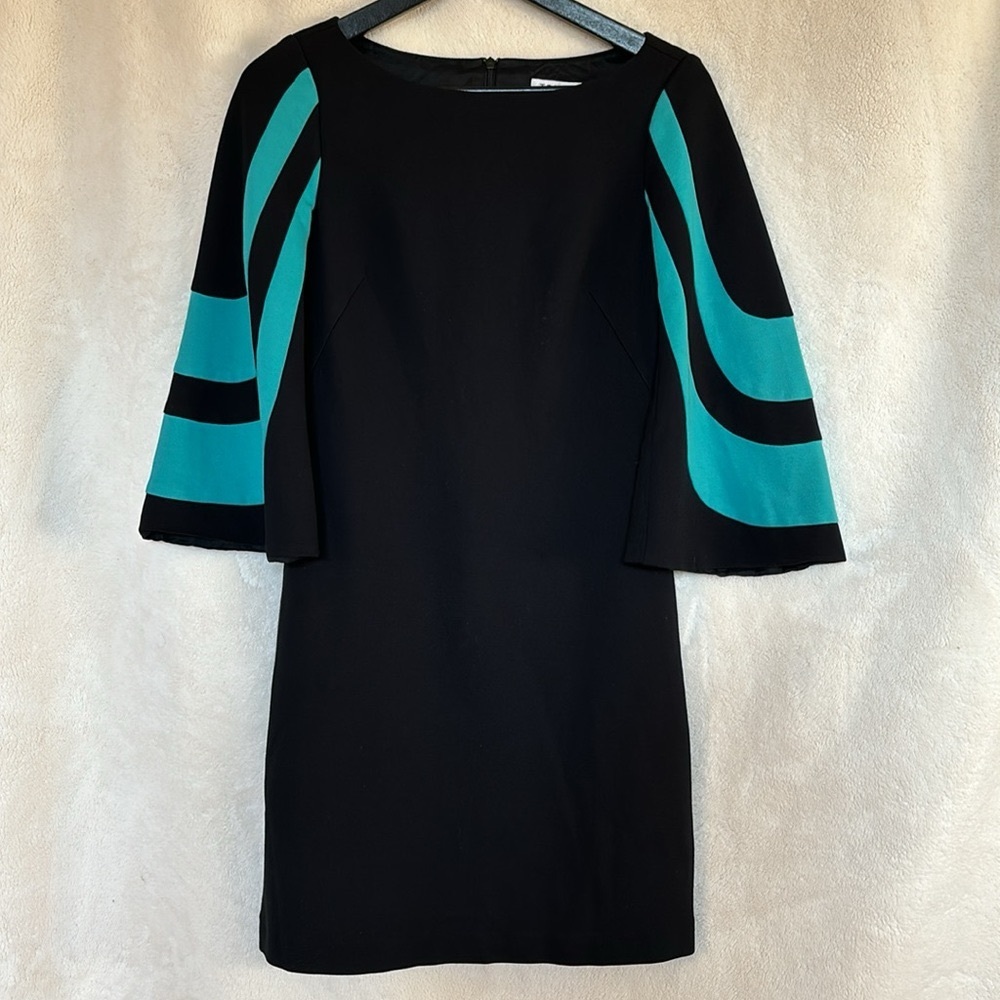 Trina Turk Black Dress with greenish aqua stripped bell sleevesSize 6